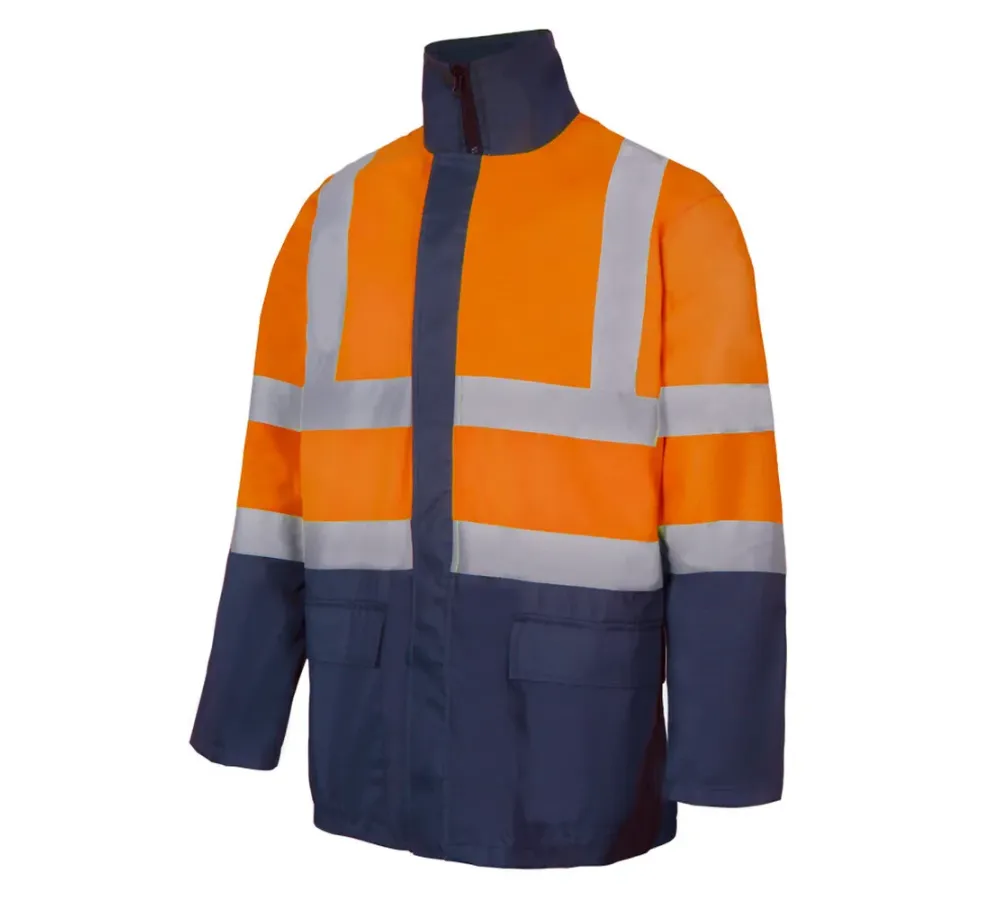 Parka 4 en 1 bicolor de alta visibilidad. Naranja flúor/Azul marino