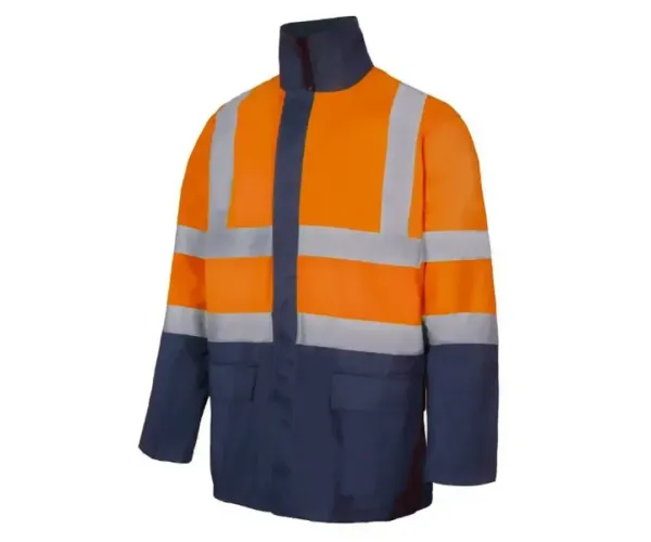 Parka 4 en 1 bicolor de alta visibilidad. Naranja flúor/Azul marino