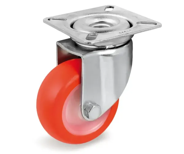 Serie 36. Ruedas para colectividades de poliuretano termoplástico, núcleo de poliamida 6. Rueda con pletina giratoria 18 Ø mm