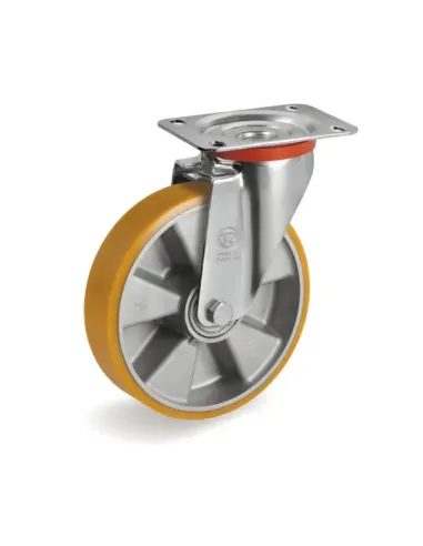 Serie 65. Ruedas de poliuretano "TR", dureza 95 shore A, núcleo de aluminio. Rueda con pletina giratoria 35 Ø mm