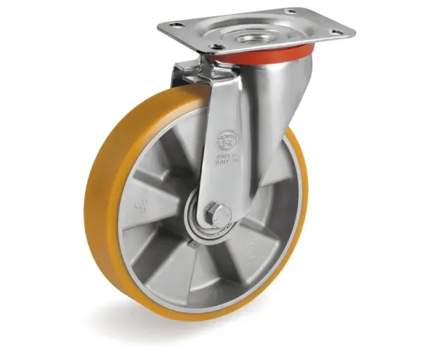 Serie 65. Ruedas de poliuretano "TR", dureza 95 shore A, núcleo de aluminio. Rueda con pletina giratoria 35 Ø mm